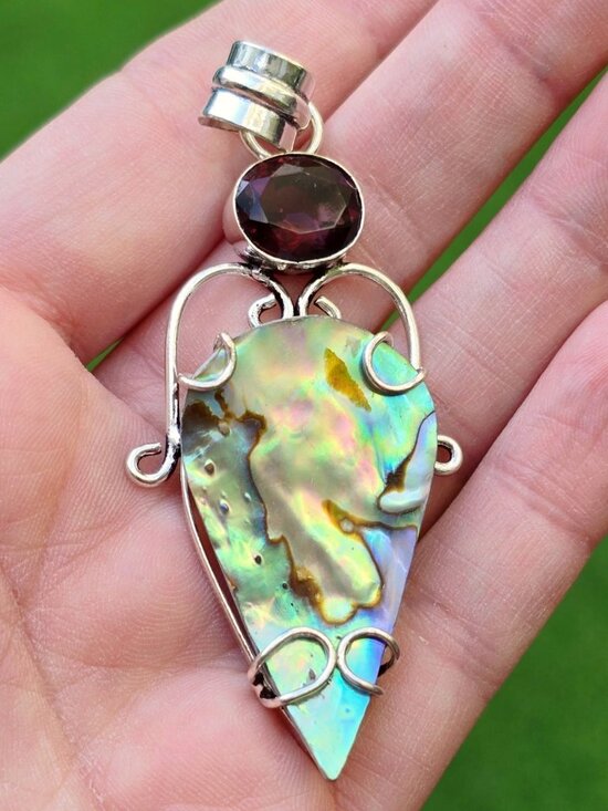 Hand Crafted Jewelry - Hand Crafted ✦ Abalone Garnet Sterling Silver Pendant ✦ Boho Natural Shell Gem